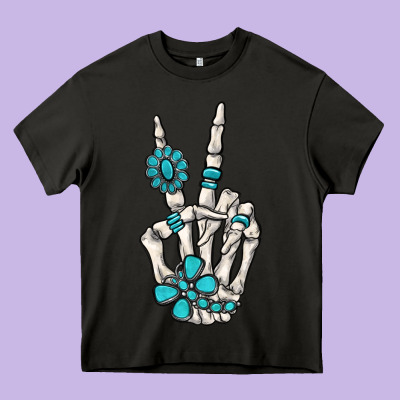 Turquoise Gemstone Skeleton Hand Heavy Core Tee Designed By Maliassmallbusiness