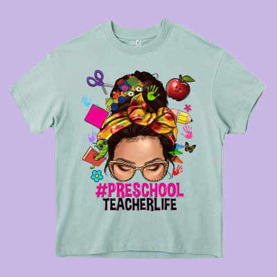 Preschool Teacher Life  Messy Bun Heavy Core Tee Designed By Nancycooperartshop
