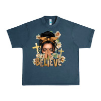 Midnight Navy Black Hair Believe Praying Caucasian Messy Bun Urban Heavy Tee - texasbilliewilder