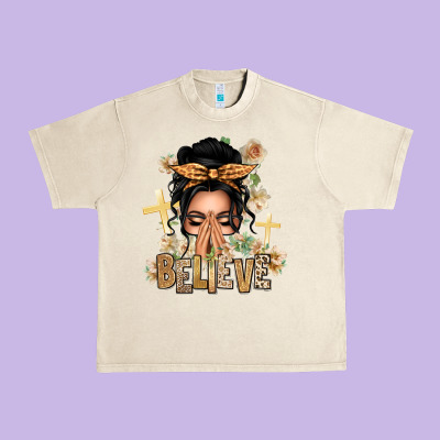 Black Hair Believe Praying Caucasian Messy Bun Urban Heavy Tee Designed By Texasbilliewilder