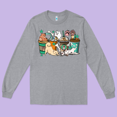 Dog Coffee Cups Long Sleeve Tee Designed By Howdyjamesfarm