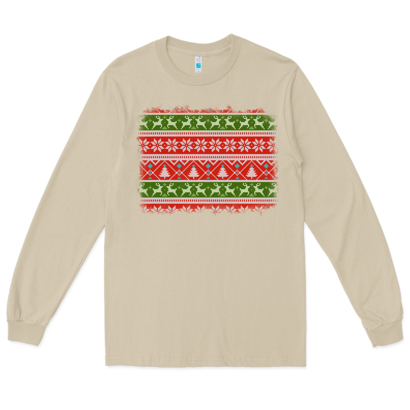 Knitted Christmas Reindeer Pine Tree Background Long Sleeve Tee by Jasminsmagicworld | Teevron