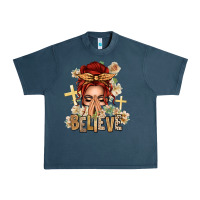 Midnight Navy Red Hair Believe Praying Caucasian Messy Bun Urban Heavy Tee - texasbilliewilder