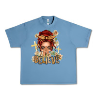 Pebble Blue Red Hair Believe Praying Caucasian Messy Bun Urban Heavy Tee - texasbilliewilder