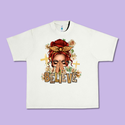 Red Hair Believe Praying Caucasian Messy Bun Urban Heavy Tee Designed By Texasbilliewilder