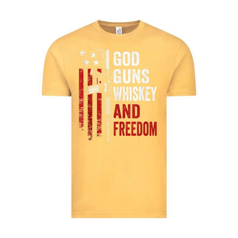 God Guns Whiskey Freedom - Pro Gun American Flag Guns Arts Characters Vintage Tee by maiPhamDesign | Teevron