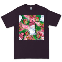Plum cute snowman and gift box with leopard seamless pattern bbs Premium Tee - BundleAndBundleShop