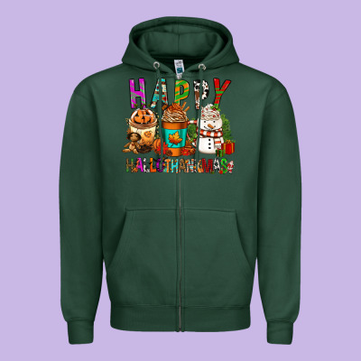 Happy Hallothankmas Coffee Cups Zipper Hoodie Designed By Fadigitalartstudio