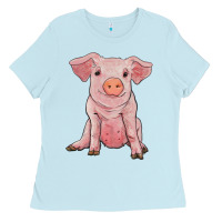 Baby Blue sitting pig Ladies Tee - RanaPortraitStore