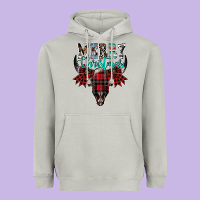 Merry Christmas Bull Skull Heavyweight Hoodie Designed By Cowhidedigitalart