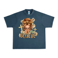 Midnight Navy Blonde Hair Believe Praying Caucasian Messy Bun Urban Heavy Tee - texasbilliewilder