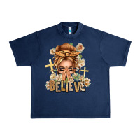 Navy Blonde Hair Believe Praying Caucasian Messy Bun Urban Heavy Tee - texasbilliewilder