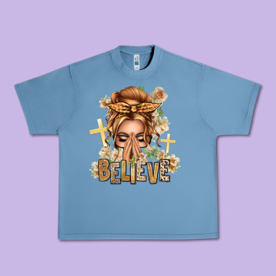 Blonde Hair Believe Praying Caucasian Messy Bun Urban Heavy Tee Designed By Texasbilliewilder
