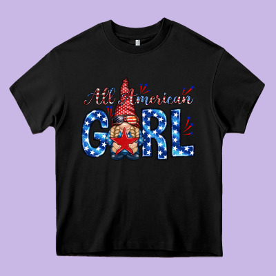 All American Girl With Gnome Heavy Core Tee Designed By Nancycooperartshop