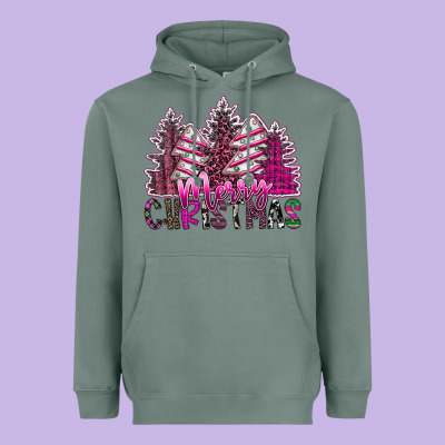 Merry Christmas Pink  Trees Heavyweight Hoodie Designed By Cowhidedigitalart