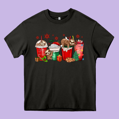 Christmas Sloth Coffee Cups Heavy Core Tee Designed By Maliassmallbusiness