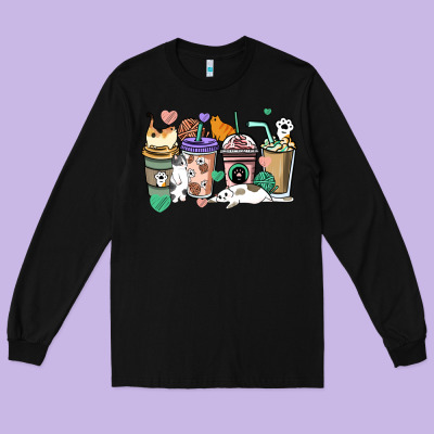 Cat Coffee Cups Long Sleeve Tee Designed By Howdyjamesfarm