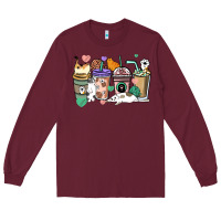Burgundy Cat coffee cups Long Sleeve Tee - HowdyJamesFarm