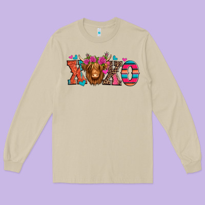 Xoxo Valentine's Day Highland Cow Long Sleeve Tee Designed By Jasminsmagicworld