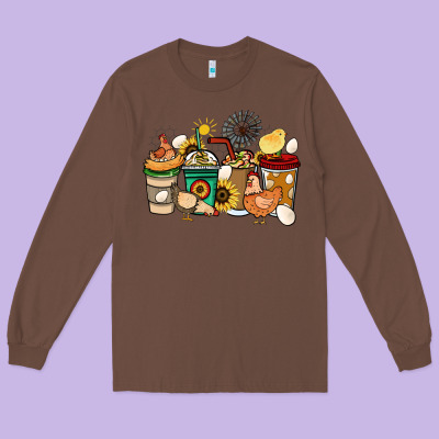Chicken Coffee Cups Long Sleeve Tee Designed By Howdyjamesfarm