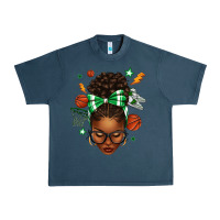 Midnight Navy Afro Messy Bun Basketball Green Bow Urban Heavy Tee - texasbilliewilder