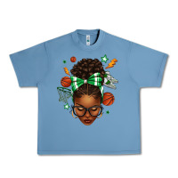 Pebble Blue Afro Messy Bun Basketball Green Bow Urban Heavy Tee - texasbilliewilder