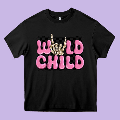 Wild Child Pink Skeleton Heavy Core Tee Designed By Maliassmallbusiness