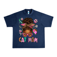 Navy Afro Messy Bun Cat Mom Urban Heavy Tee - texasbilliewilder