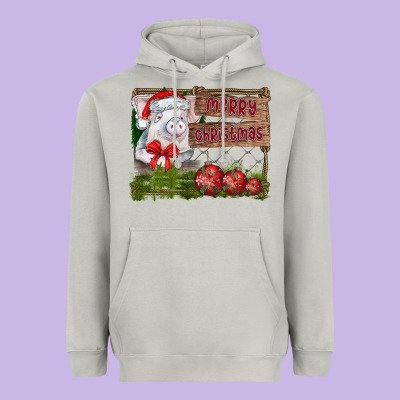 Merry Christmas Pig Heavyweight Hoodie Designed By Cowhidedigitalart