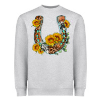 Heather Grey western leopard cowhide sunflowers horseshoe Heavyweight Sweatshirt - OliviaCreatesArt