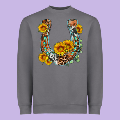 Western Leopard Cowhide Sunflowers Horseshoe Heavyweight Sweatshirt Designed By Oliviacreatesart
