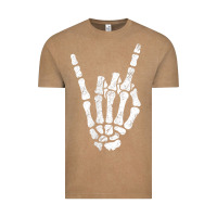 Vintage Coffee Rock Hand Sign Skeleton Rock N Roll Halloween Faux Pocket Vintage Tee - longCreatives