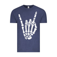 Vintage Denim Rock Hand Sign Skeleton Rock N Roll Halloween Faux Pocket Vintage Tee - longCreatives