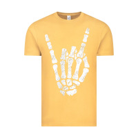 Vintage Mustard Rock Hand Sign Skeleton Rock N Roll Halloween Faux Pocket Vintage Tee - longCreatives