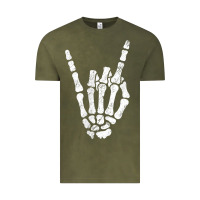 Vintage Olive Rock Hand Sign Skeleton Rock N Roll Halloween Faux Pocket Vintage Tee - longCreatives