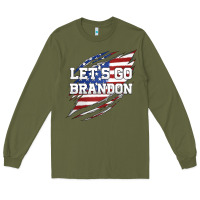 Army Green Let's Go Brandon Ripped Cloth with American Flag Long Sleeve Tee - Jasminsmagicworld