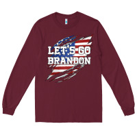 Burgundy Let's Go Brandon Ripped Cloth with American Flag Long Sleeve Tee - Jasminsmagicworld