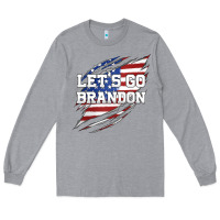 Heather Grey Let's Go Brandon Ripped Cloth with American Flag Long Sleeve Tee - Jasminsmagicworld