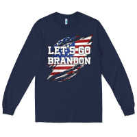 Navy Let's Go Brandon Ripped Cloth with American Flag Long Sleeve Tee - Jasminsmagicworld