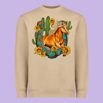Western Horse Cactus Sunflowers Horseshoe Heavyweight Sweatshirt Designed By Oliviacreatesart