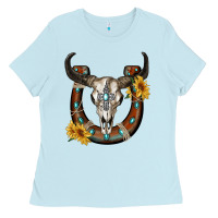 Baby Blue bull skull with horseshoe Ladies Tee - RanaPortraitStore
