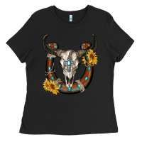 Black bull skull with horseshoe Ladies Tee - RanaPortraitStore