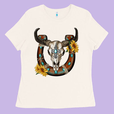 Bull Skull With Horseshoe Ladies Tee Designed By Ranaportraitstore