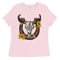 Bubblegum Pink bull skull with horseshoe Ladies Tee - RanaPortraitStore