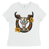 White bull skull with horseshoe Ladies Tee - RanaPortraitStore