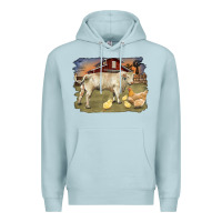 Blue Mist charolaris bull and chicken in barnyard Premium Hoodie - RanaPortraitStore