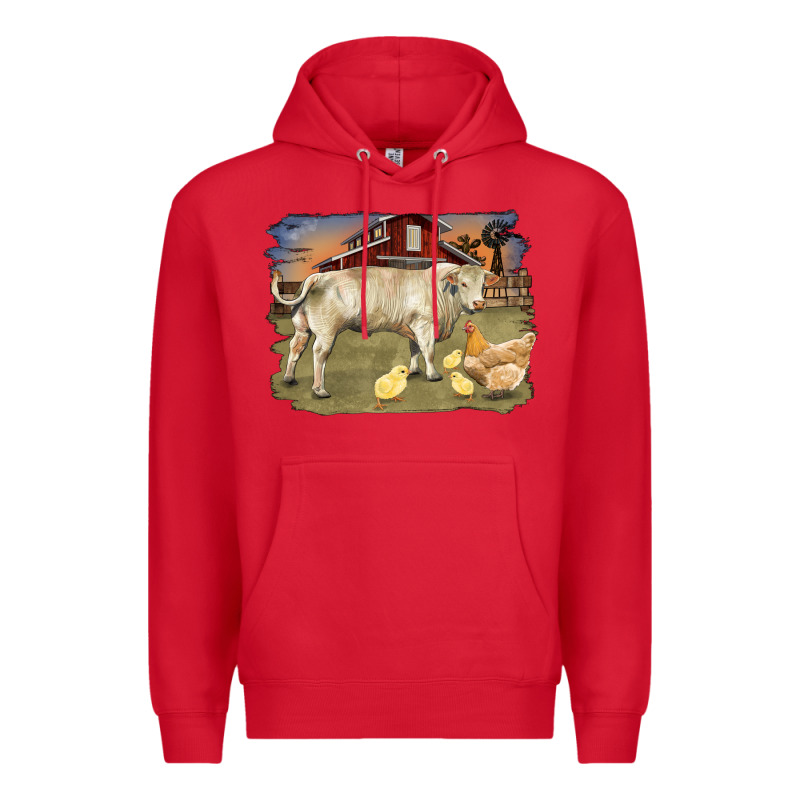 Charolaris Bull And Chicken In Barnyard Premium Hoodie by RanaPortraitStore | Teevron