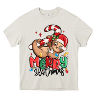 Cream merry slothmas Heavy Core Tee - MaliasSmallBusiness