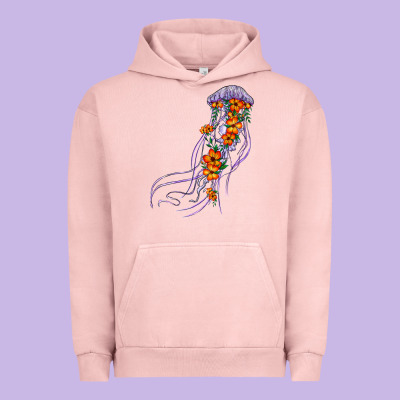 Light Purple Jellyfish And Floral Urban Hoodie Designed By Barkaloodesign