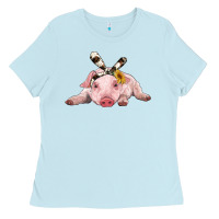 Baby Blue baby pig with cowhide ribbon Ladies Tee - RanaPortraitStore